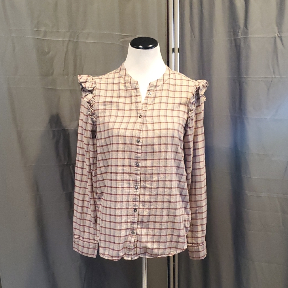 Paige Women's Plaid Ruffle Blouse - Cream and Brown SZ MD